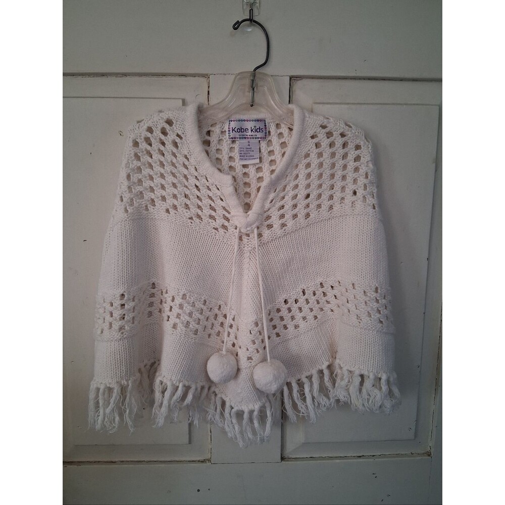 Vintage Kobe Kids White Knit Fringe Poncho Sweater with Pom-Pom Ties Sz 4